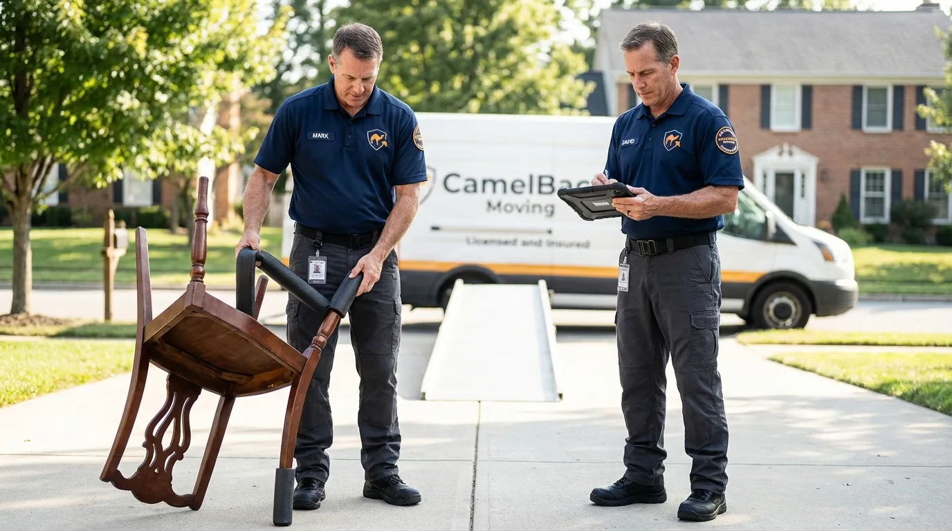 Movers inspecting furniture for damage prevention before loading in Youngsville, PA