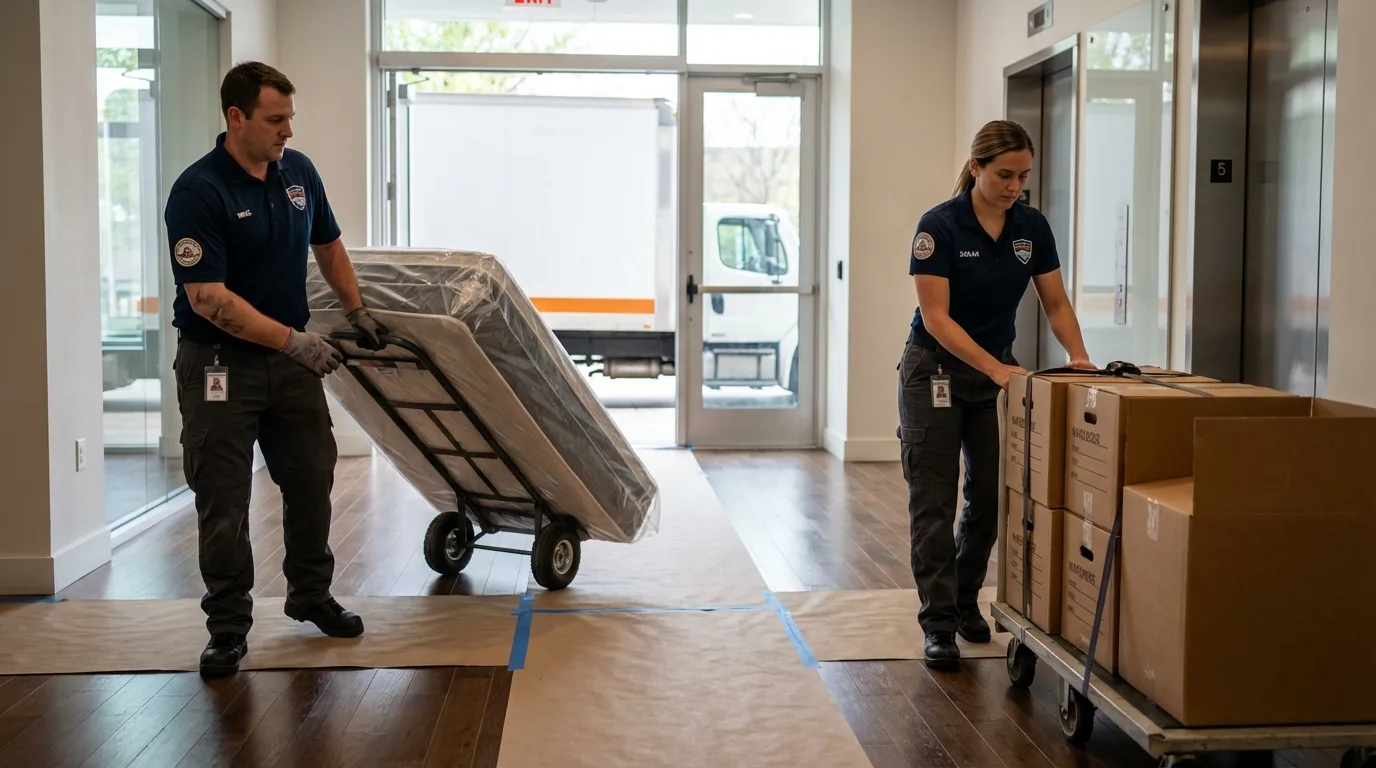 Professional apartment movers loading elevator in Youngsville, PA